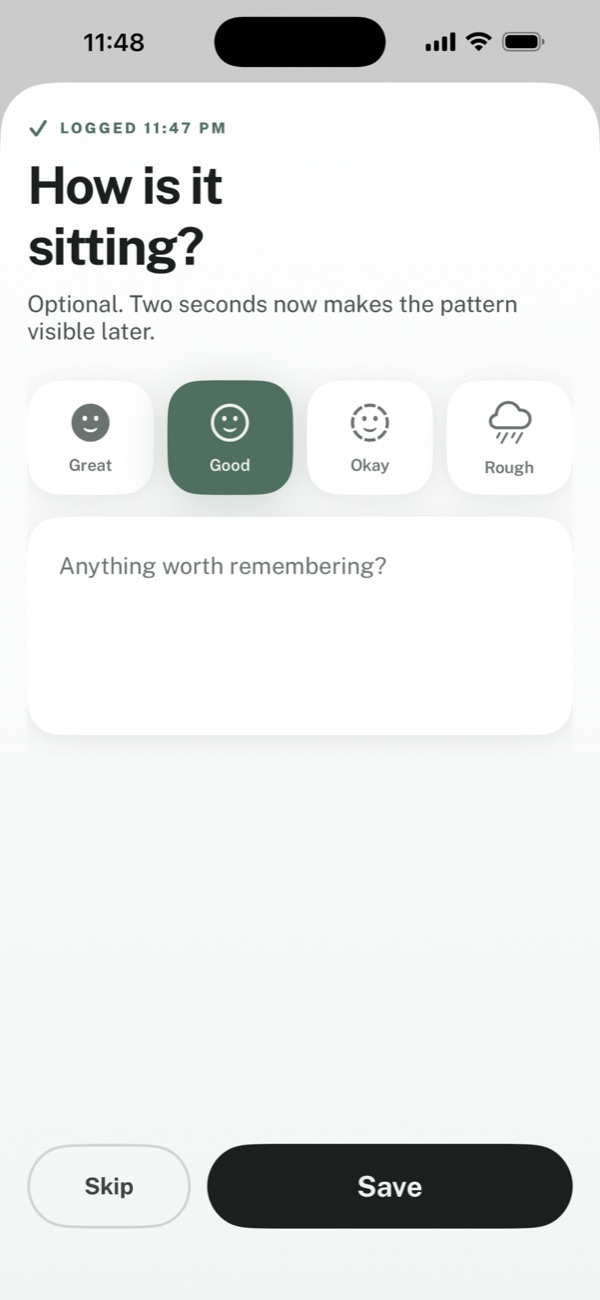 The check-in shown after logging a dose